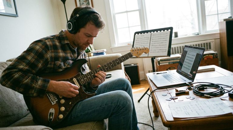 a young man practices guitar at home stuck on a hard part