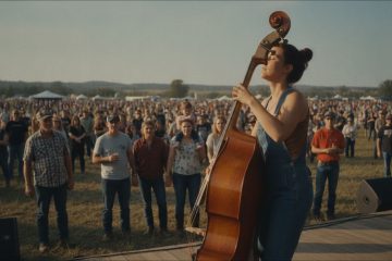 A young woman playing a fast waltz on an upright bass to an outdoor festival crowd