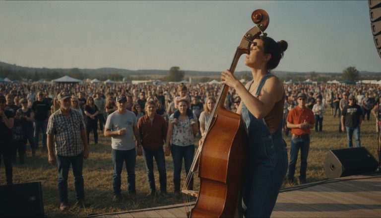 A young woman playing a fast waltz on an upright bass to an outdoor festival crowd