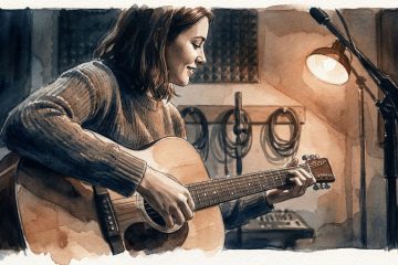 watercolor image of a young woman practicing light strumming technique on an acoustic guitar in a home studio