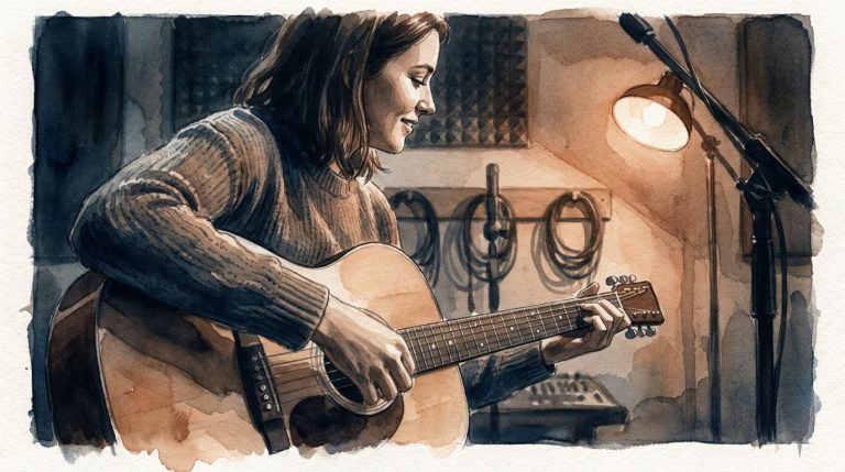 watercolor image of a young woman practicing light strumming technique on an acoustic guitar in a home studio